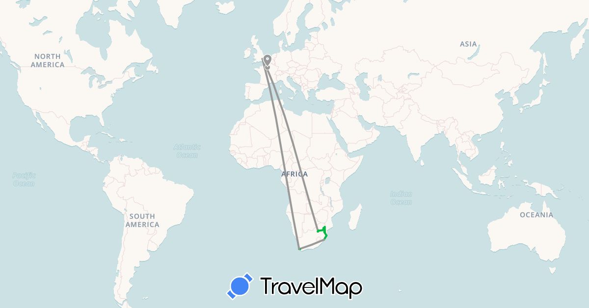 TravelMap itinerary: bus, plane in France, United Kingdom, Swaziland, South Africa (Africa, Europe)